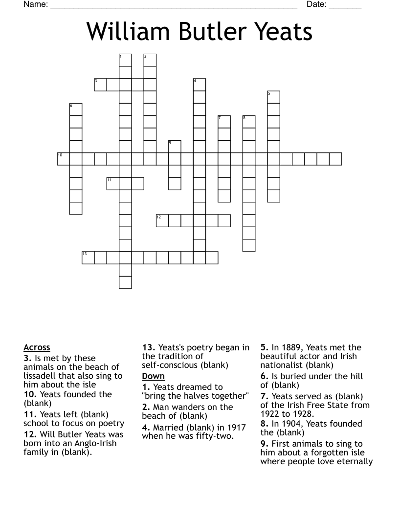 William Butler Yeats Crossword