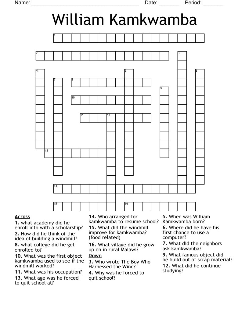 William Kamkwamba  Crossword