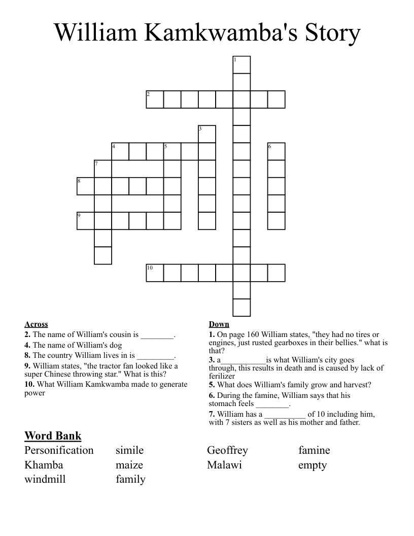 William Kamkwamba's Story Crossword