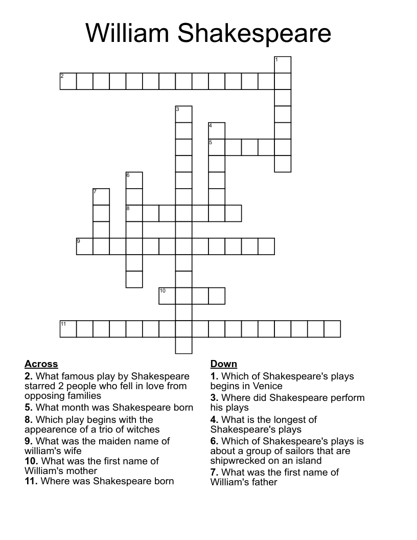 William Shakespeare Crossword