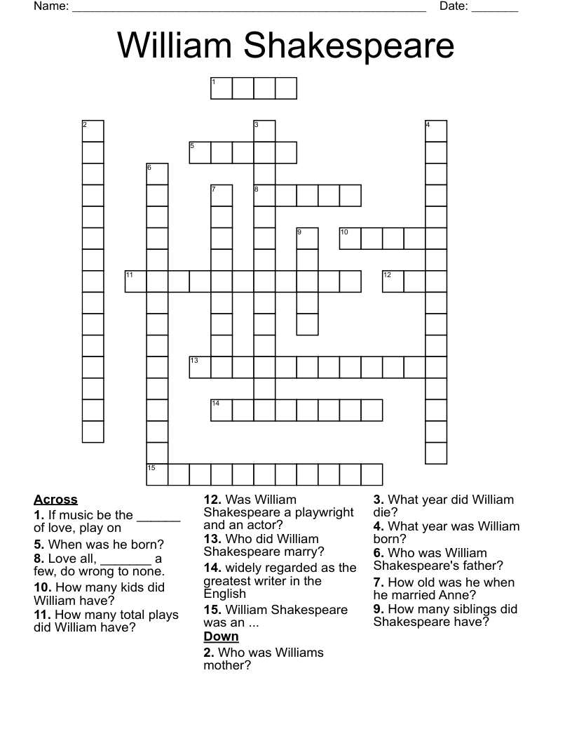 William Shakespeare Crossword