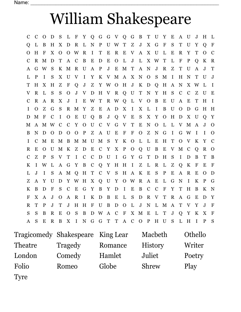 William Shakespeare Word Search