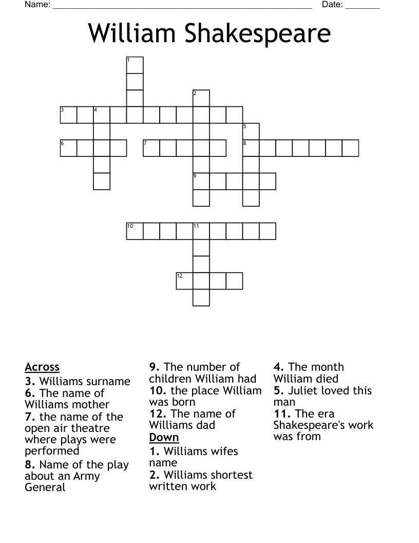 William Shakespeare Crossword