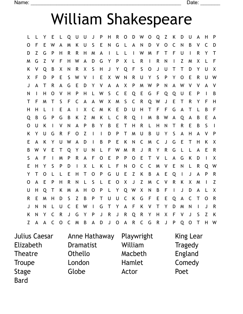 William Shakespeare Word Search