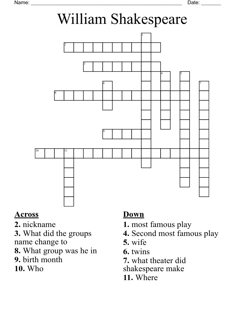 William Shakespeare Crossword