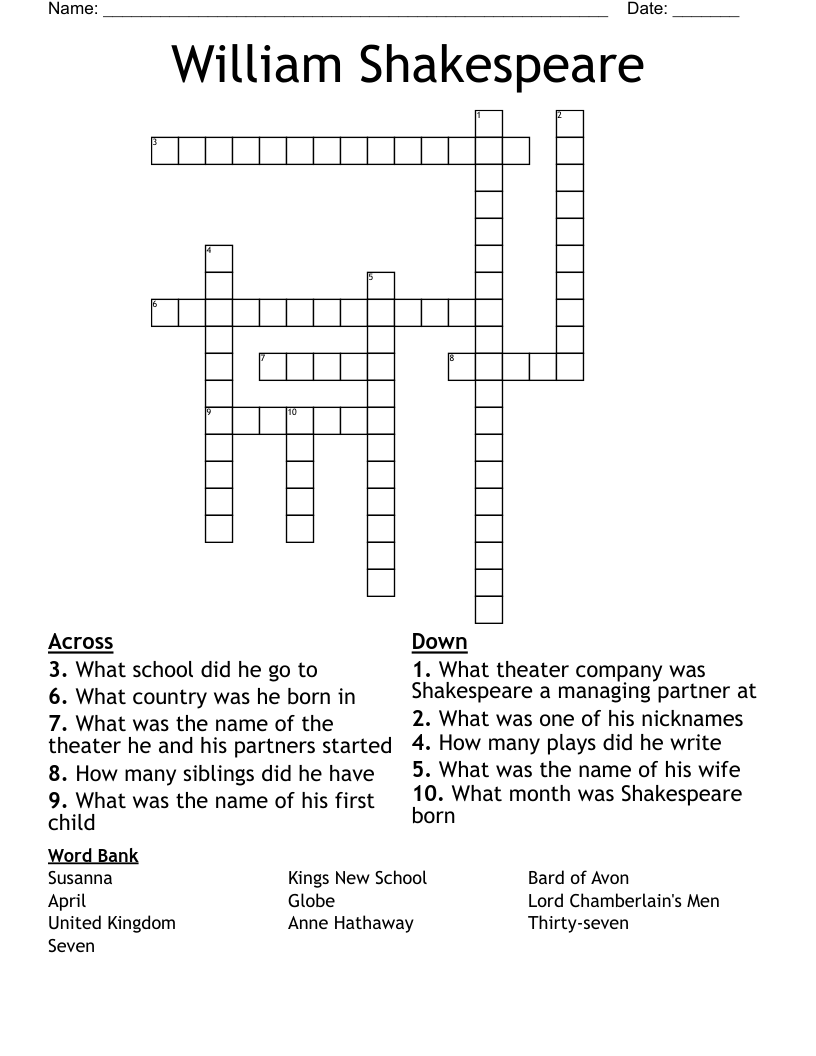 William Shakespeare Crossword