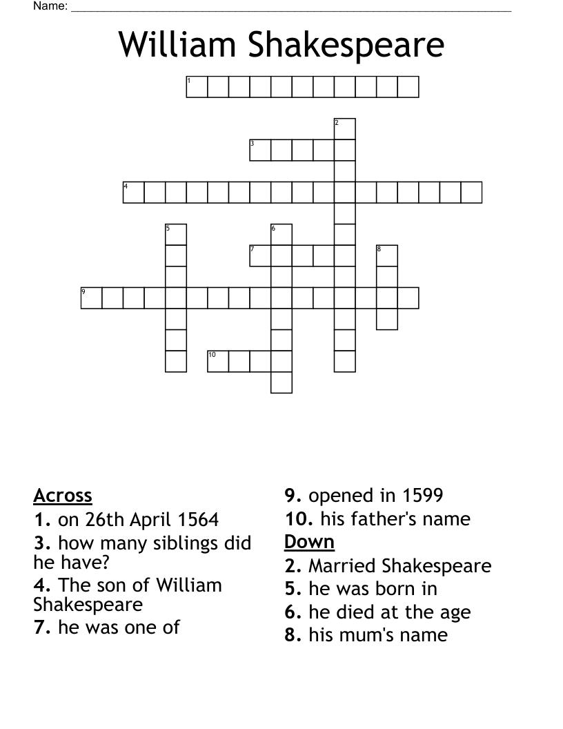 William Shakespeare Crossword