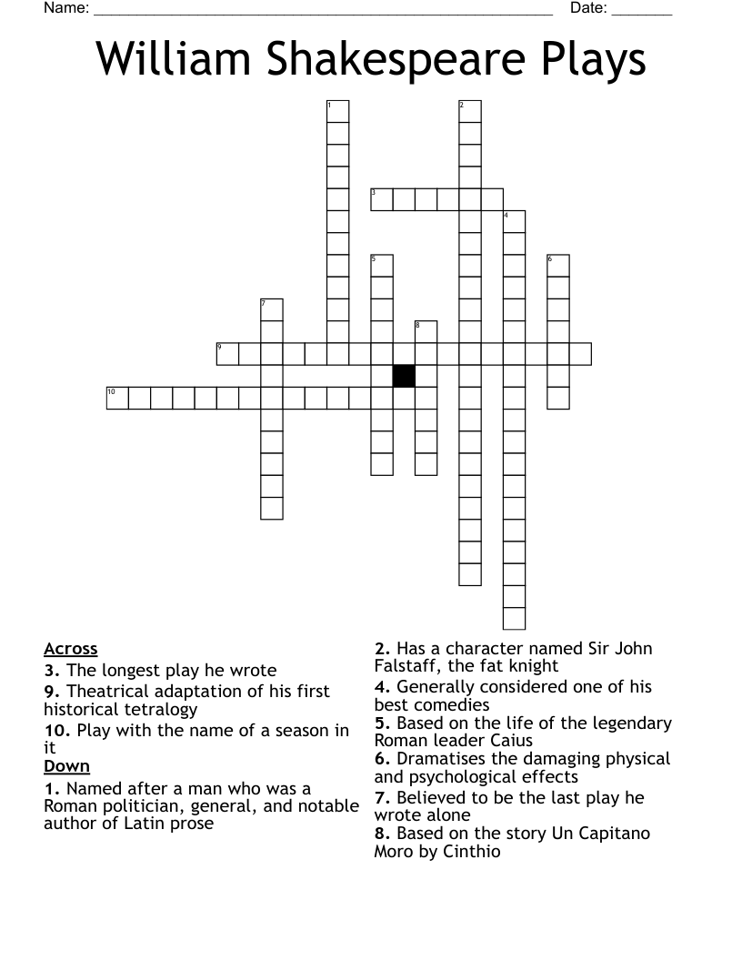 William Shakespeare Plays Crossword