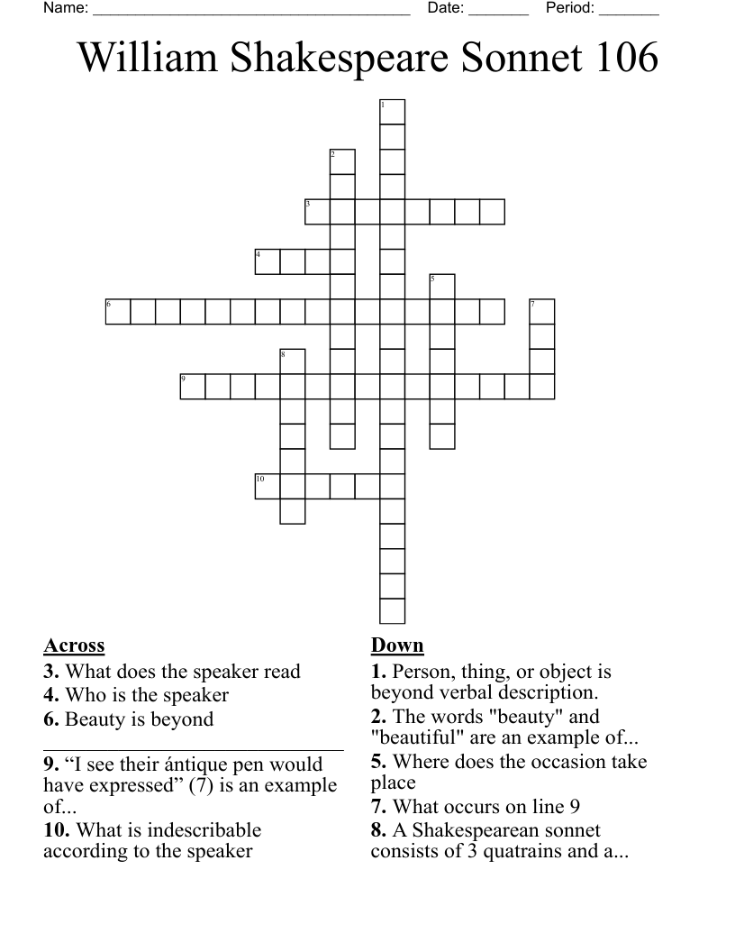William Shakespeare Sonnet 106 Crossword