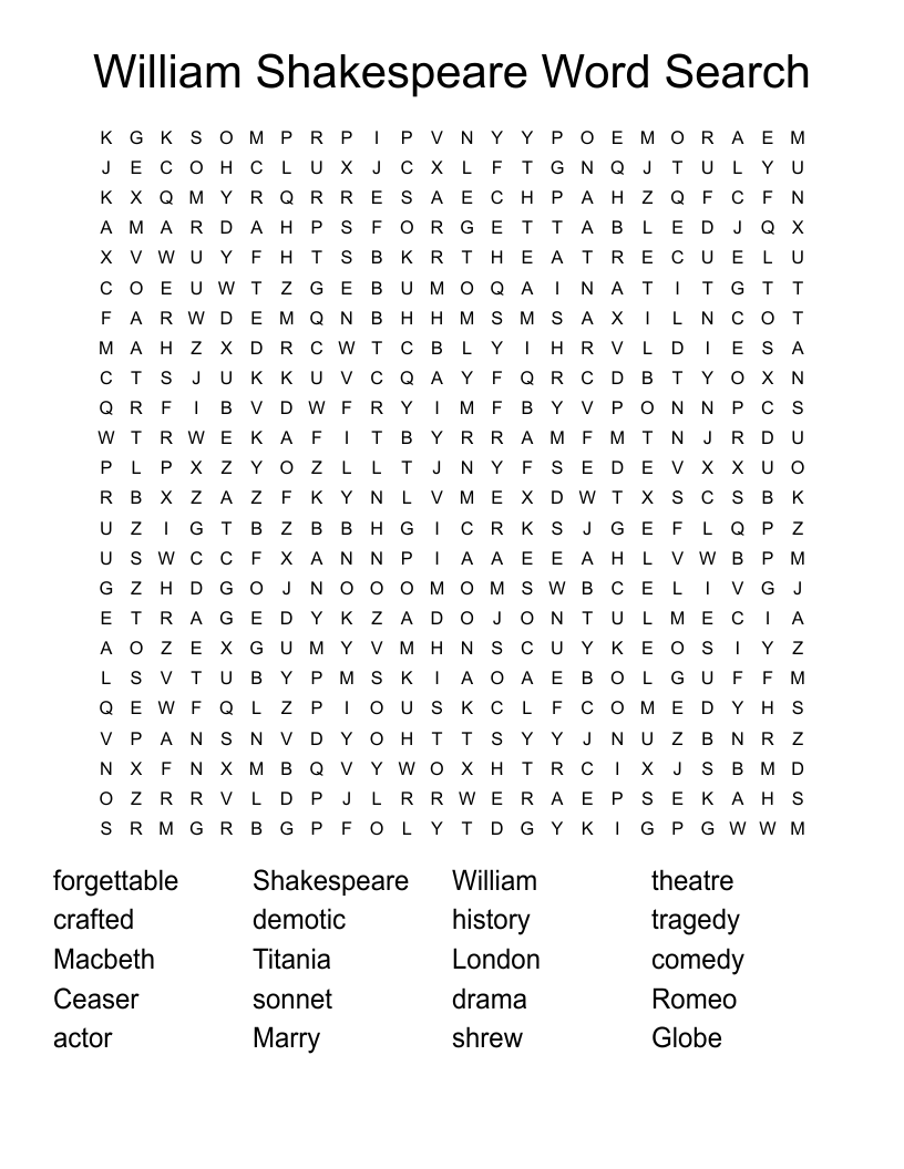 William Shakespeare Word Search