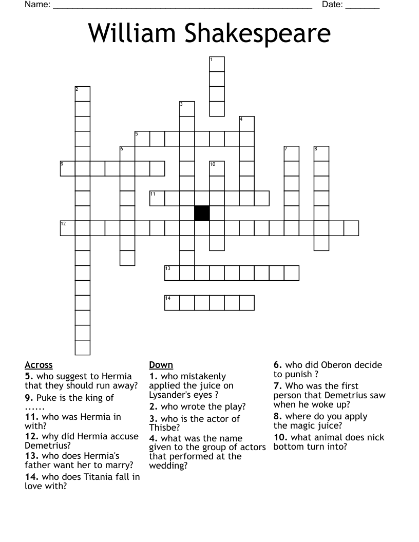 William Shakespeare  Crossword