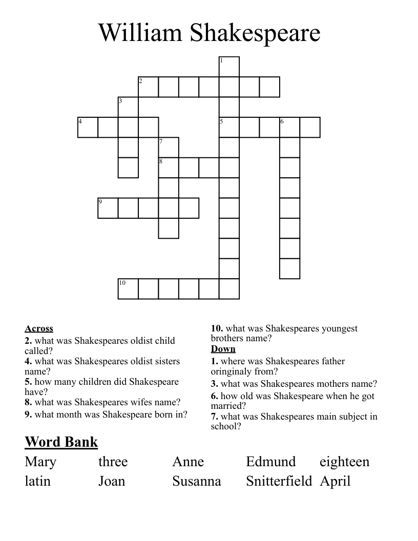 William Shakespeare  Crossword