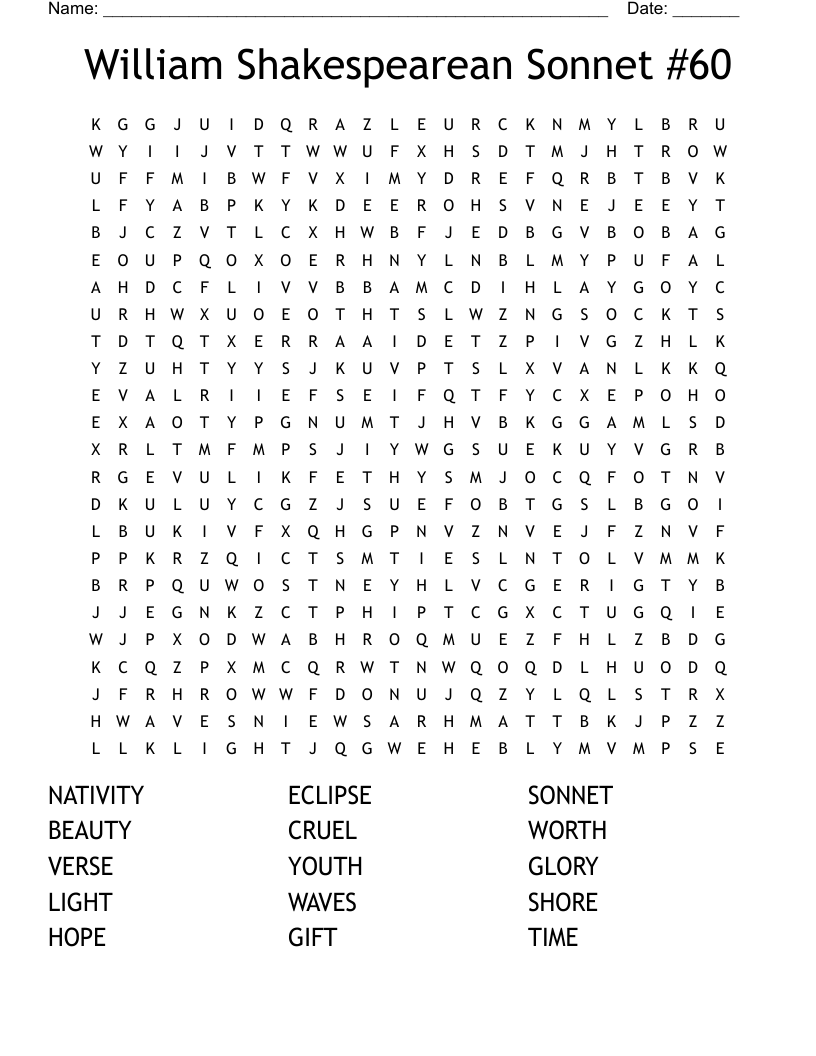 William Shakespearean Sonnet #60 Word Search