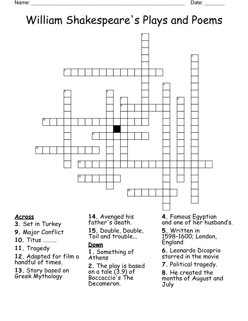 William Shakespeare's Plays and Poems Crossword