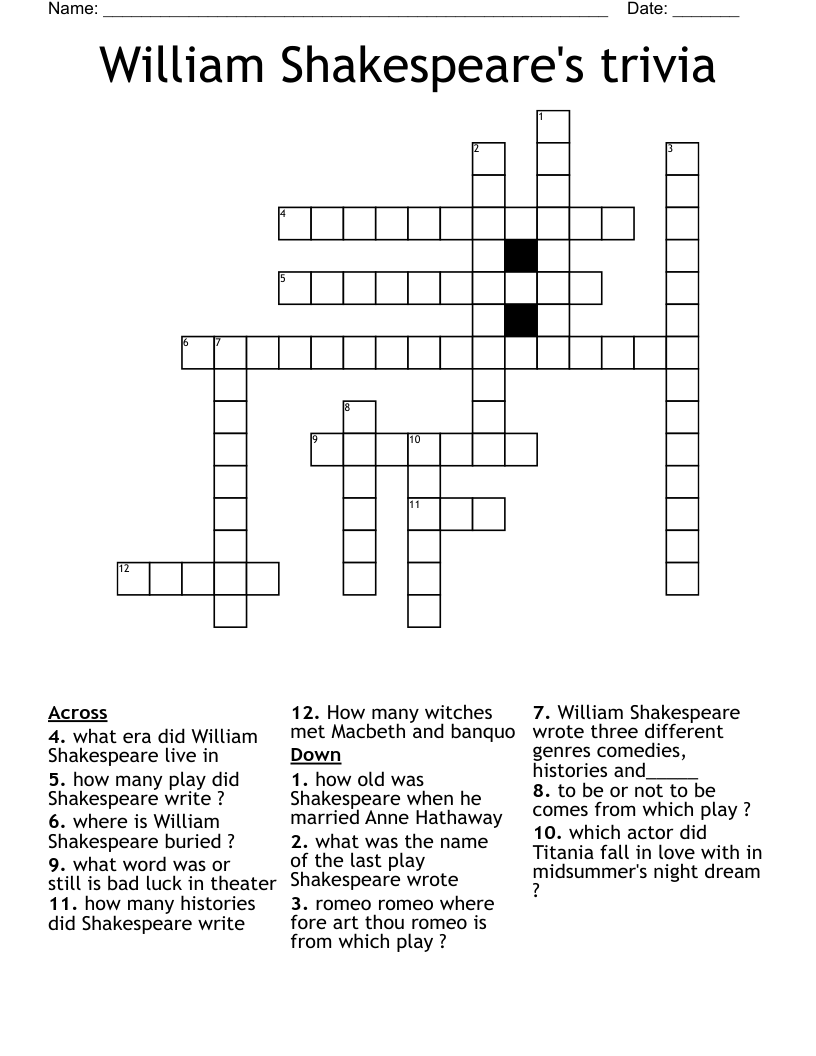 William Shakespeare's trivia   Crossword