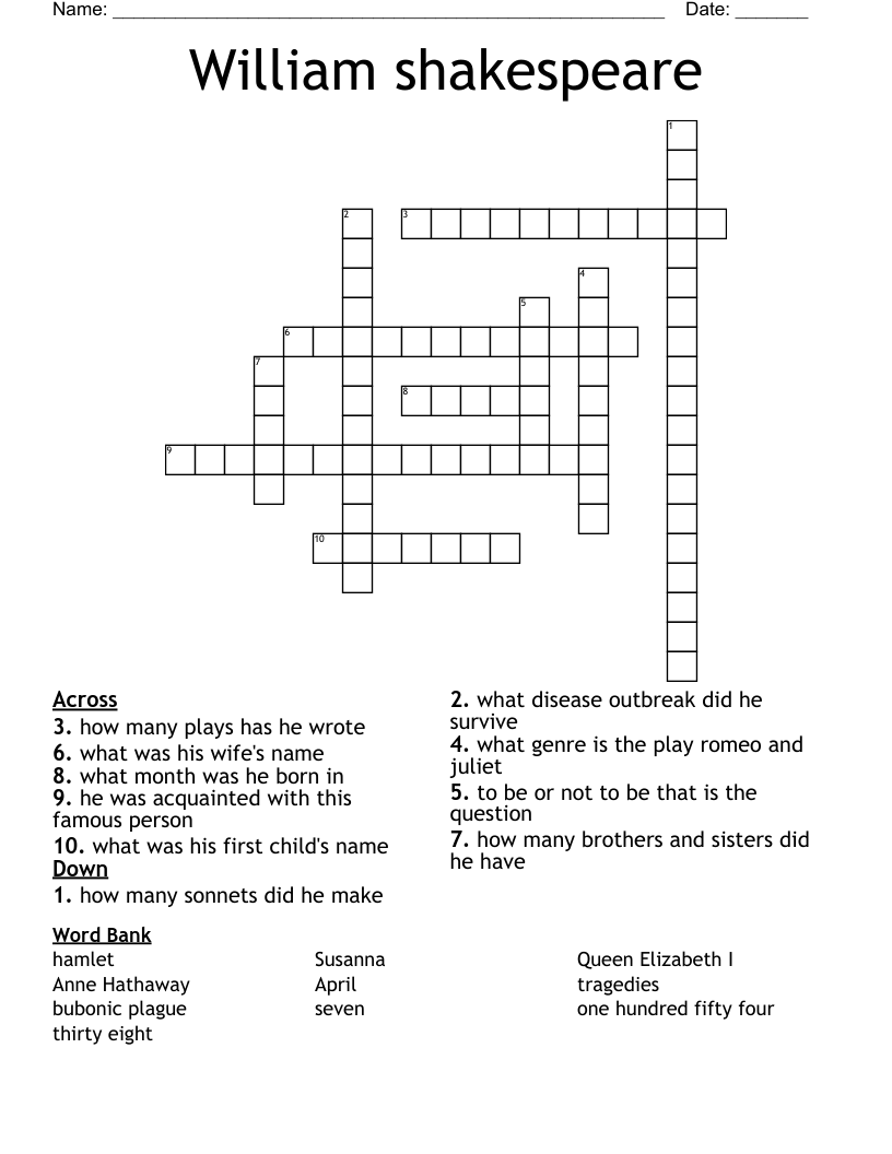 William shakespeare  Crossword