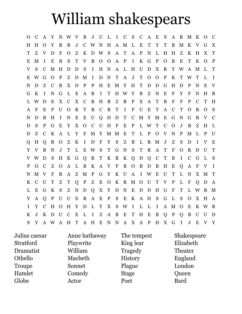 William shakespears Word Search