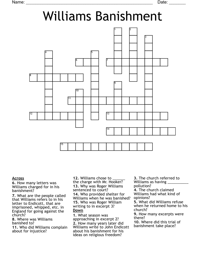 Williams Banishment  Crossword