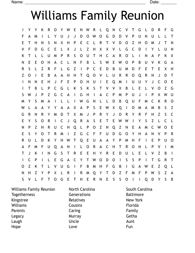 Williams Family Reunion Word Search