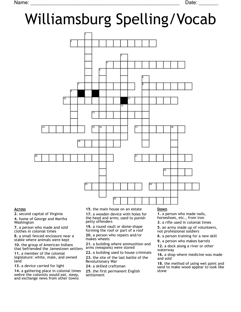 Williamsburg Spelling/Vocab Crossword