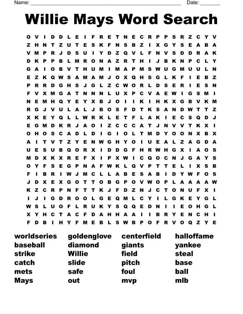 Willie Mays Word Search