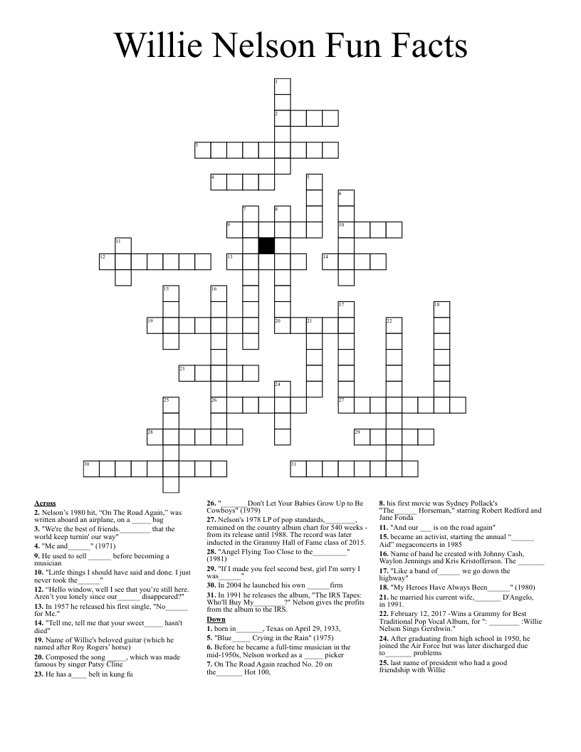 Willie Nelson Fun Facts Crossword