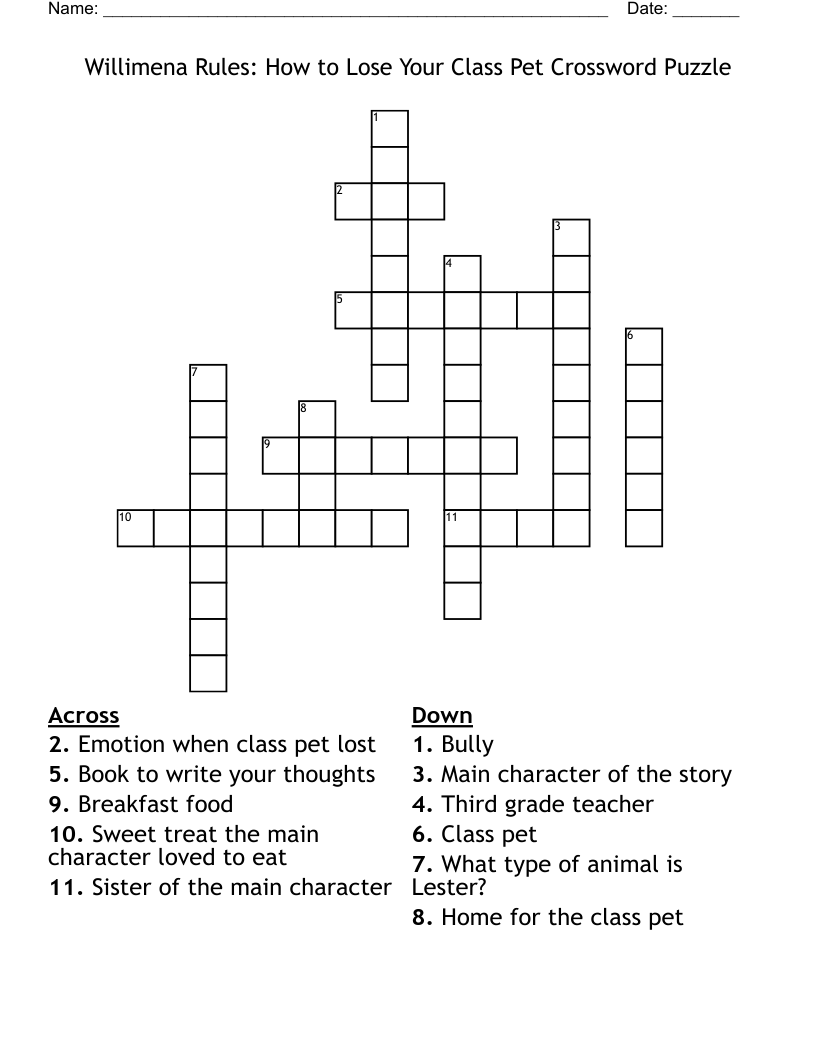 Willimena Rules: How to Lose Your Class Pet Crossword Puzzle