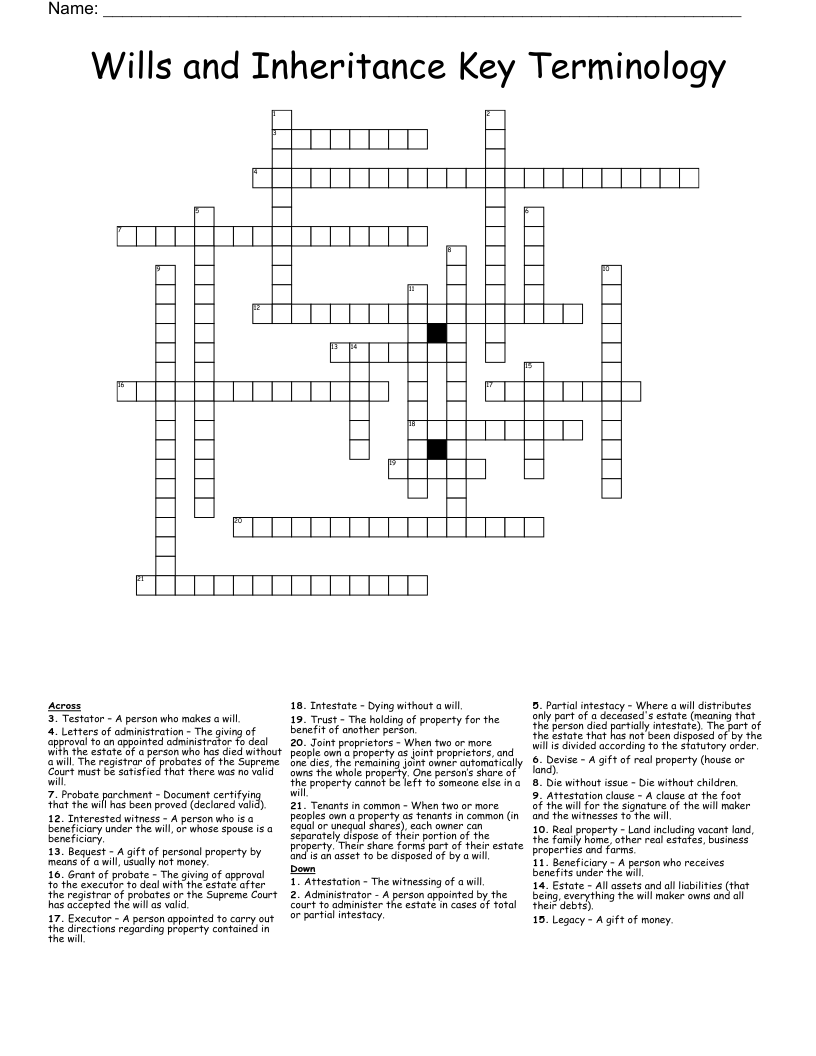 Wills and Inheritance Key Terminology  Crossword