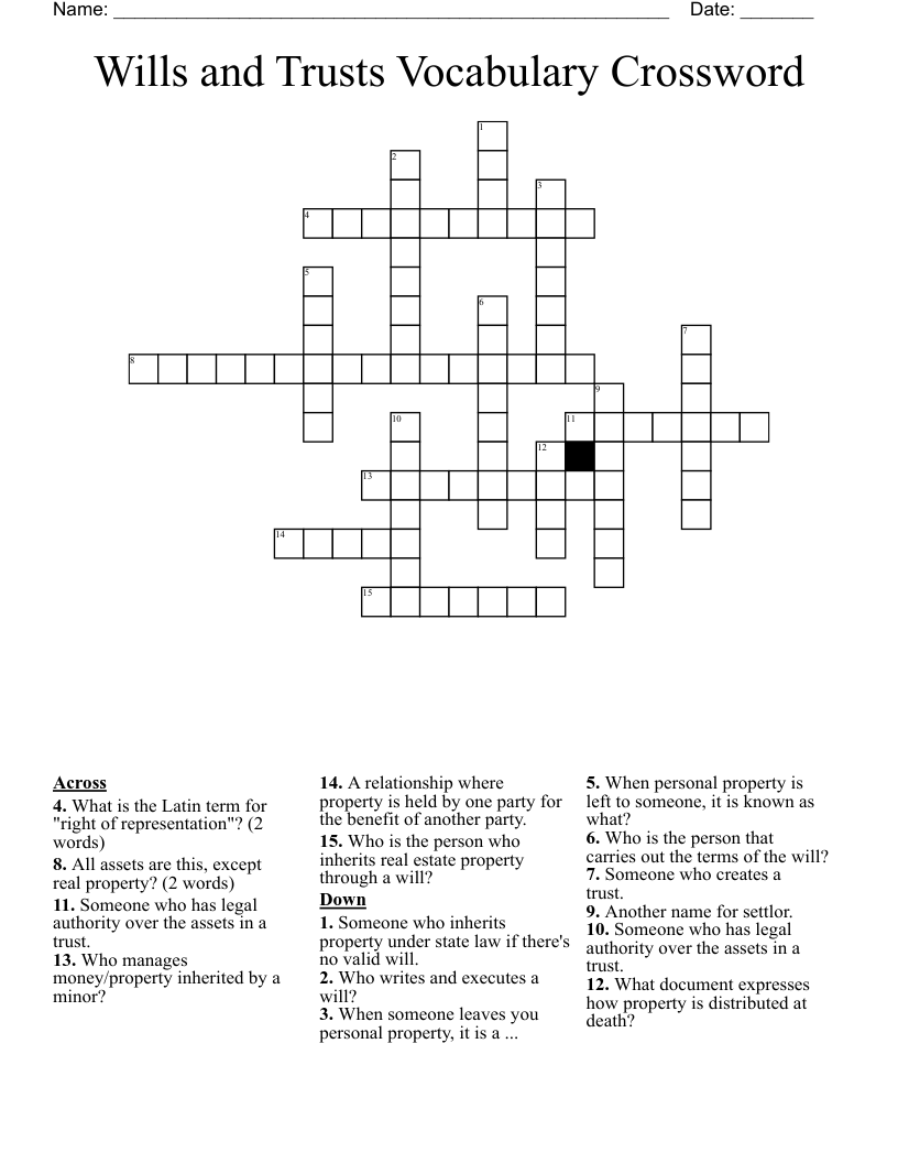 Wills and Trusts Vocabulary Crossword