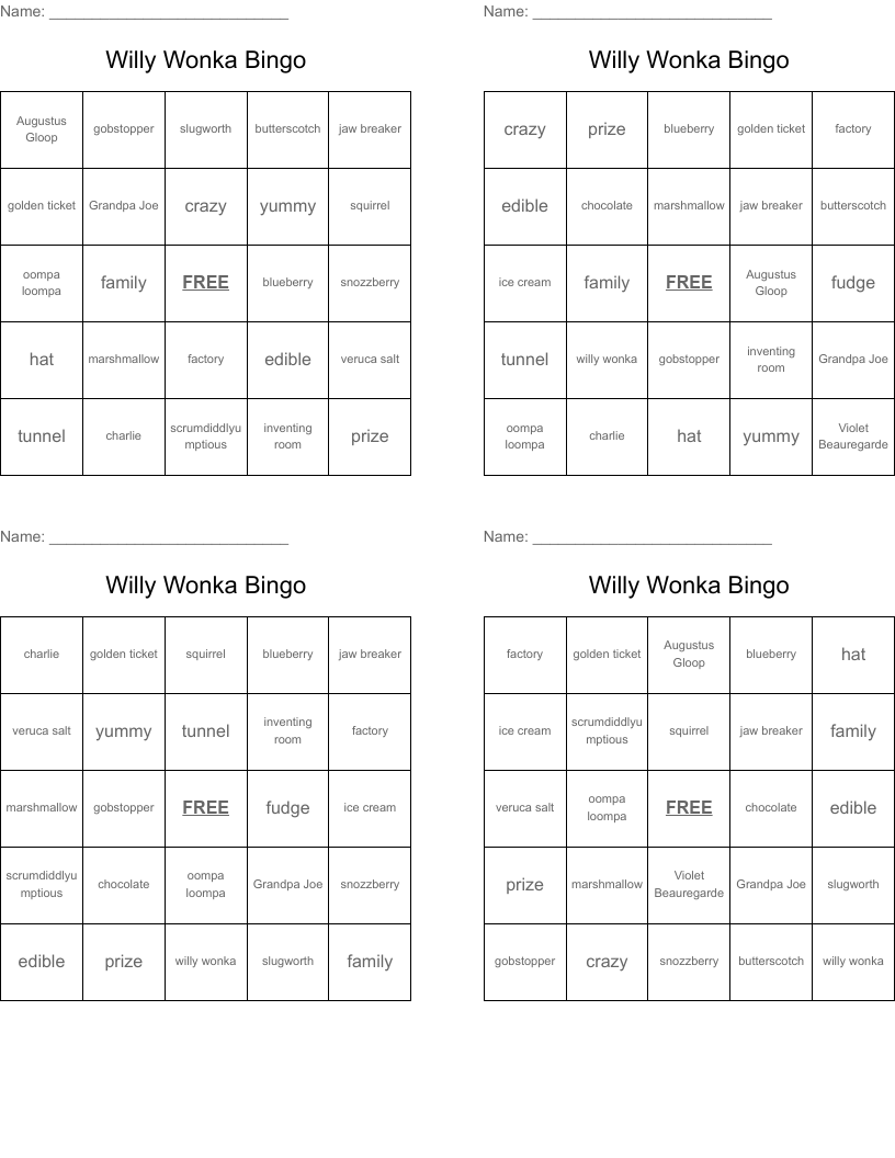 Willy Wonka Bingo