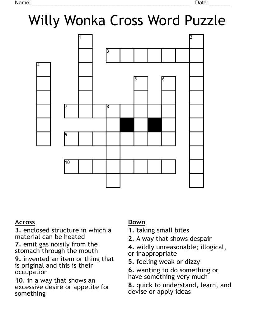 Willy Wonka Cross Word Puzzle 
