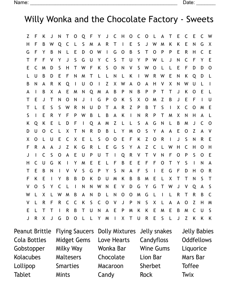Willy Wonka and the Chocolate Factory - Sweets Word Search