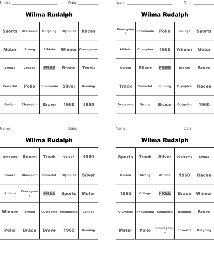 Wilma Rudalph  Bingo Cards