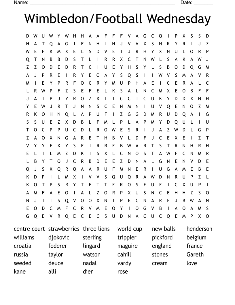 Wimbledon/Football Wednesday Word Search