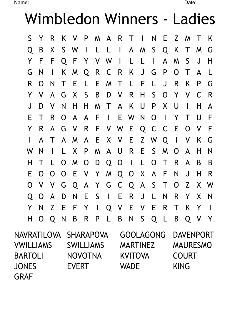 Wimbledon Winners - Ladies Word Search