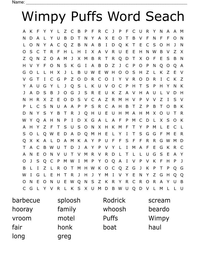 Wimpy Puffs Word Seach Word Search