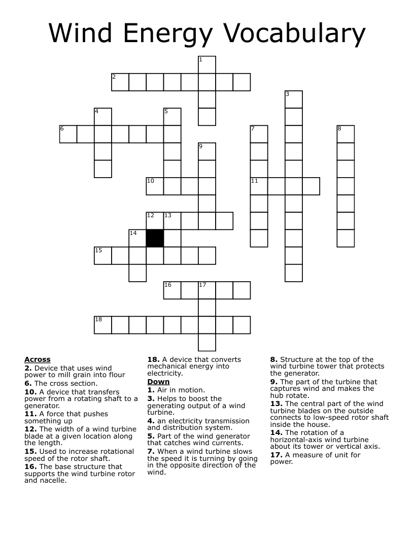 Wind Energy Vocabulary Crossword
