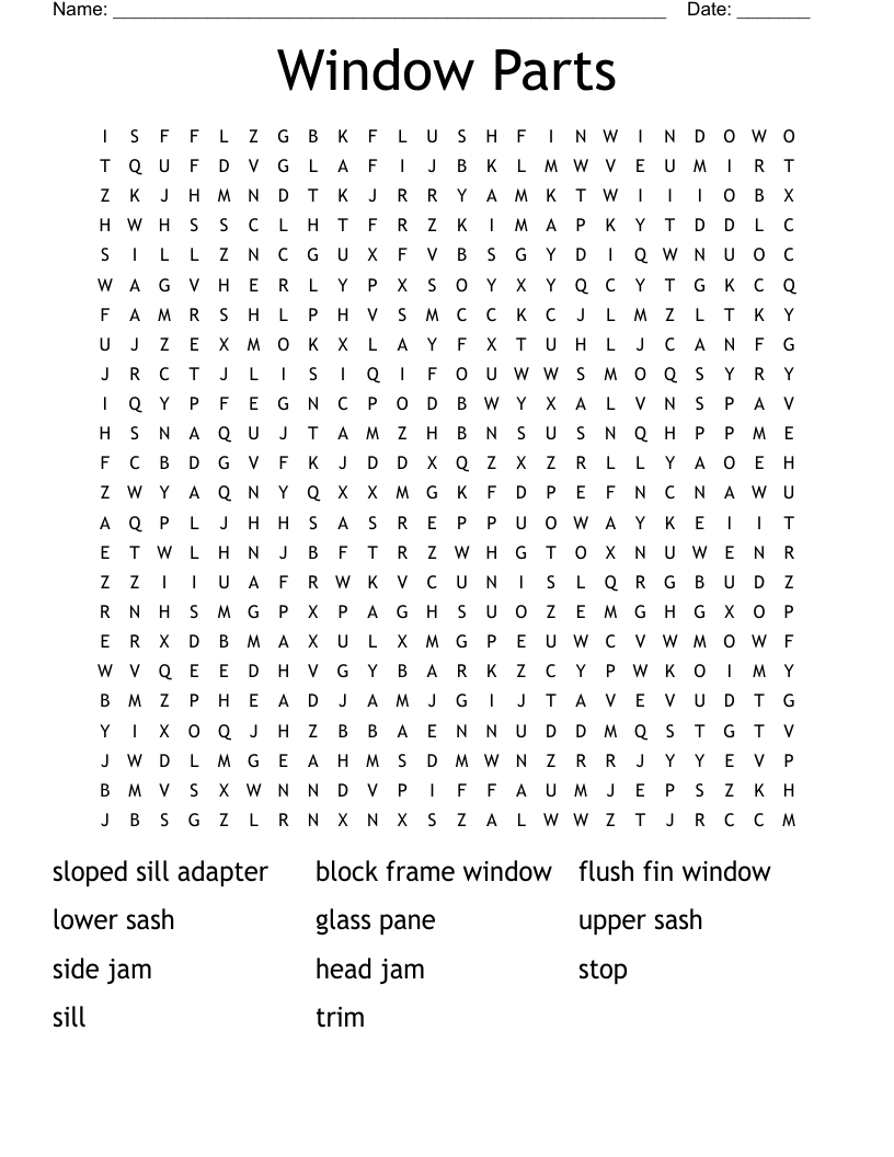 Window Parts Word Search