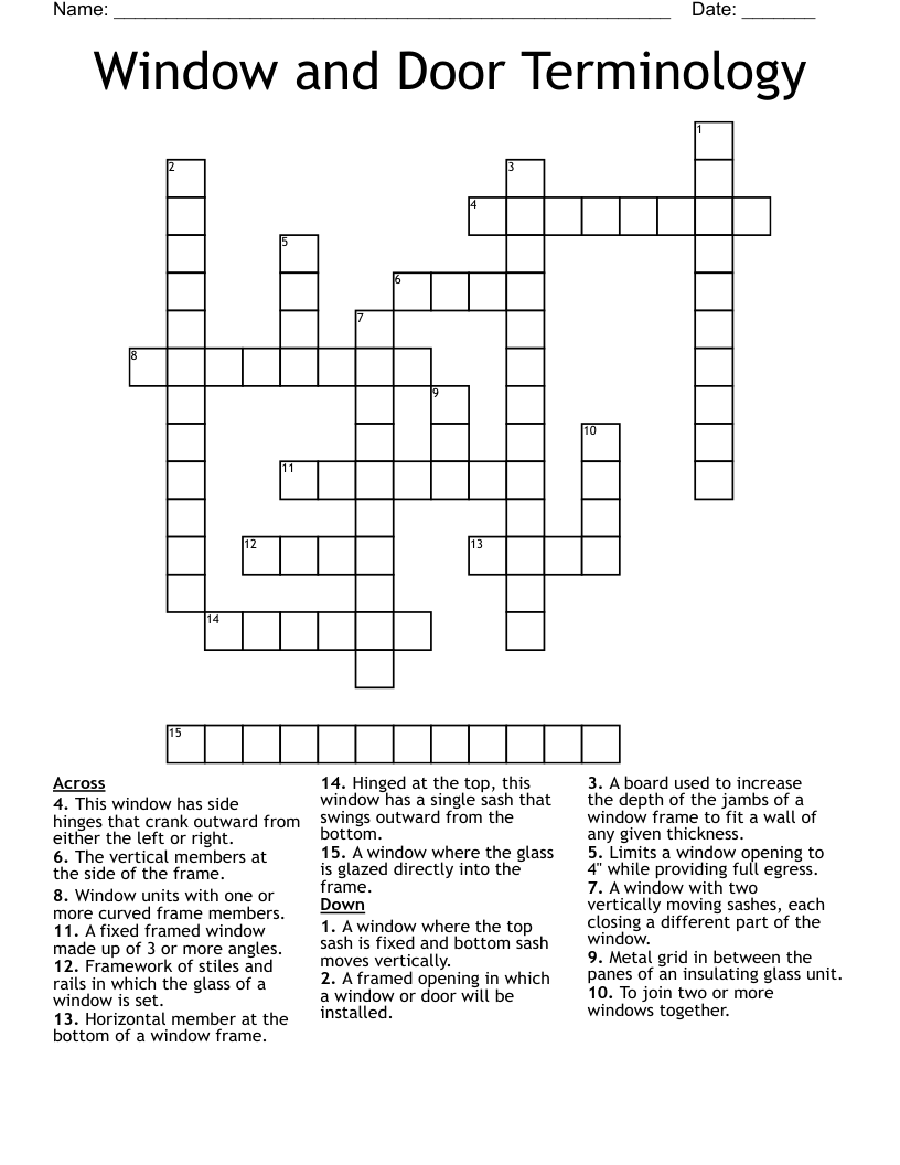 Window and Door Terminology Crossword