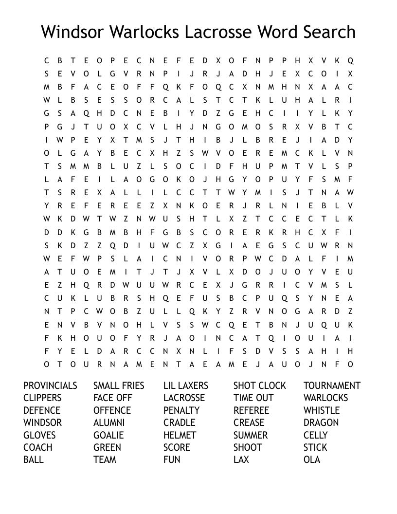Windsor Warlocks Lacrosse Word Search