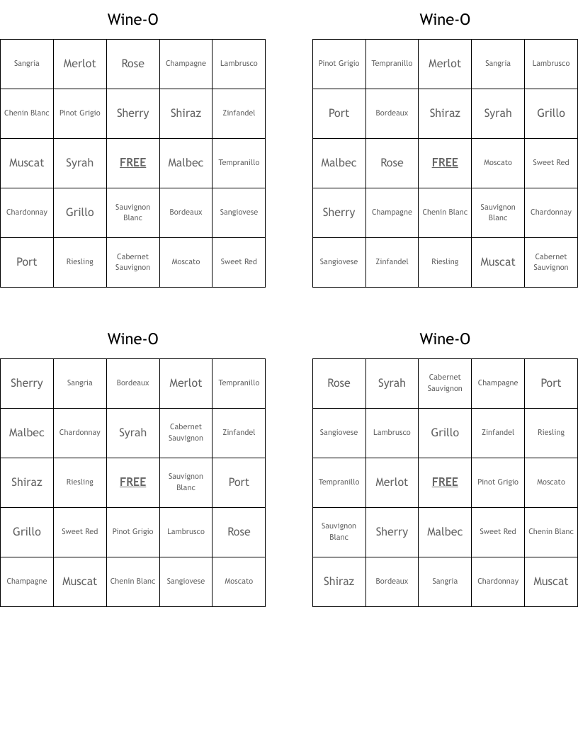 Wine-O Bingo Cards