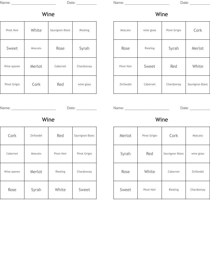 Wine Bingo Cards