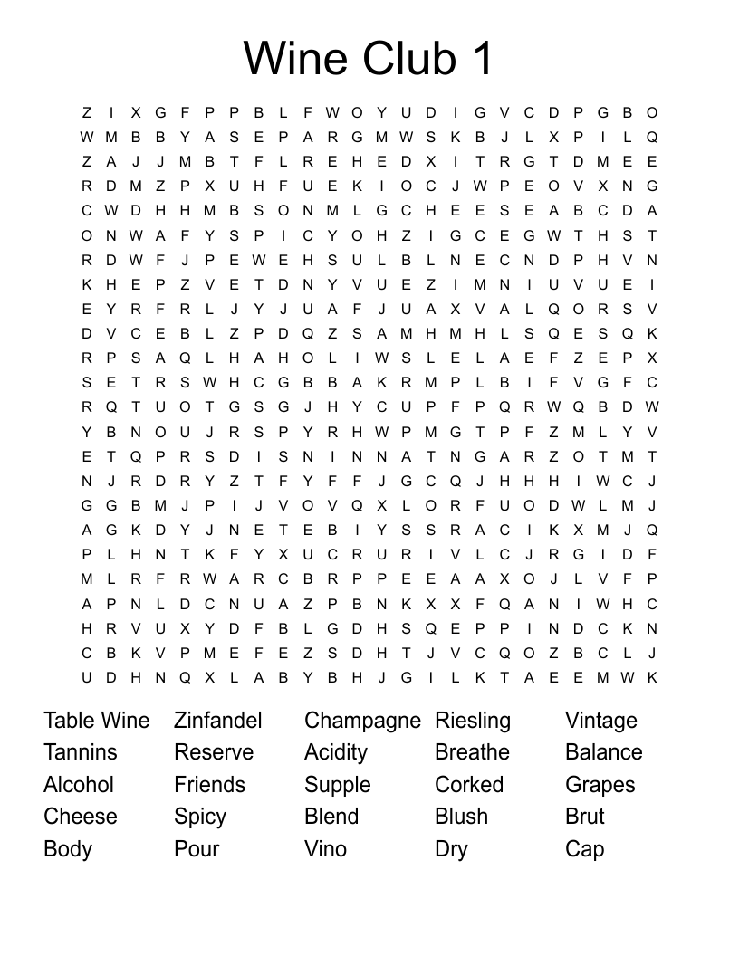 Wine Club 1 Word Search