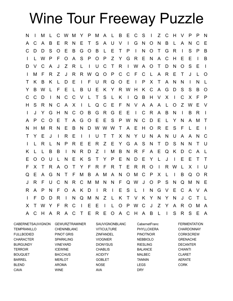 Wine Tour Freeway Puzzle Word Search