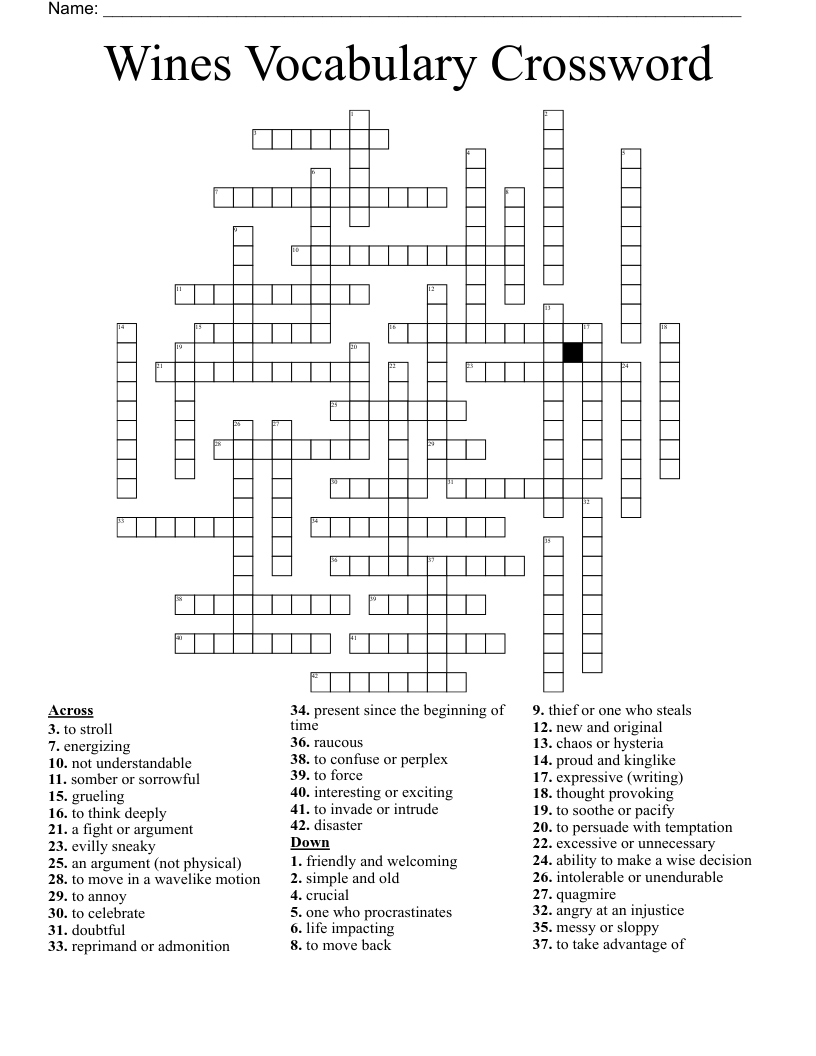 Wines Vocabulary Crossword