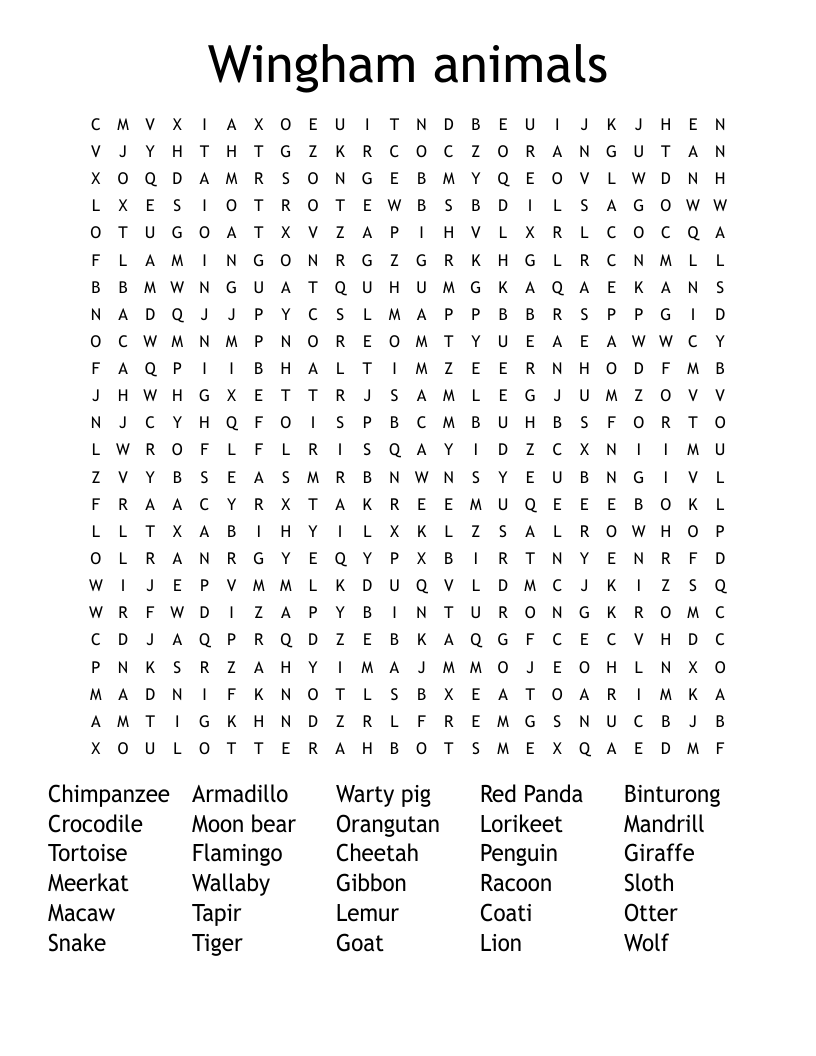 Wingham animals Word Search