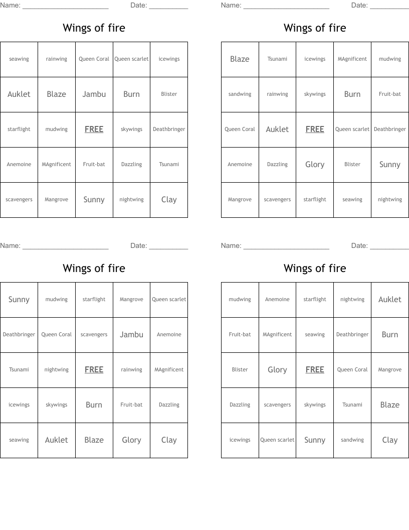 Wings of fire Bingo Cards