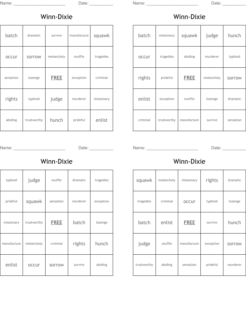Winn-Dixie Bingo Cards