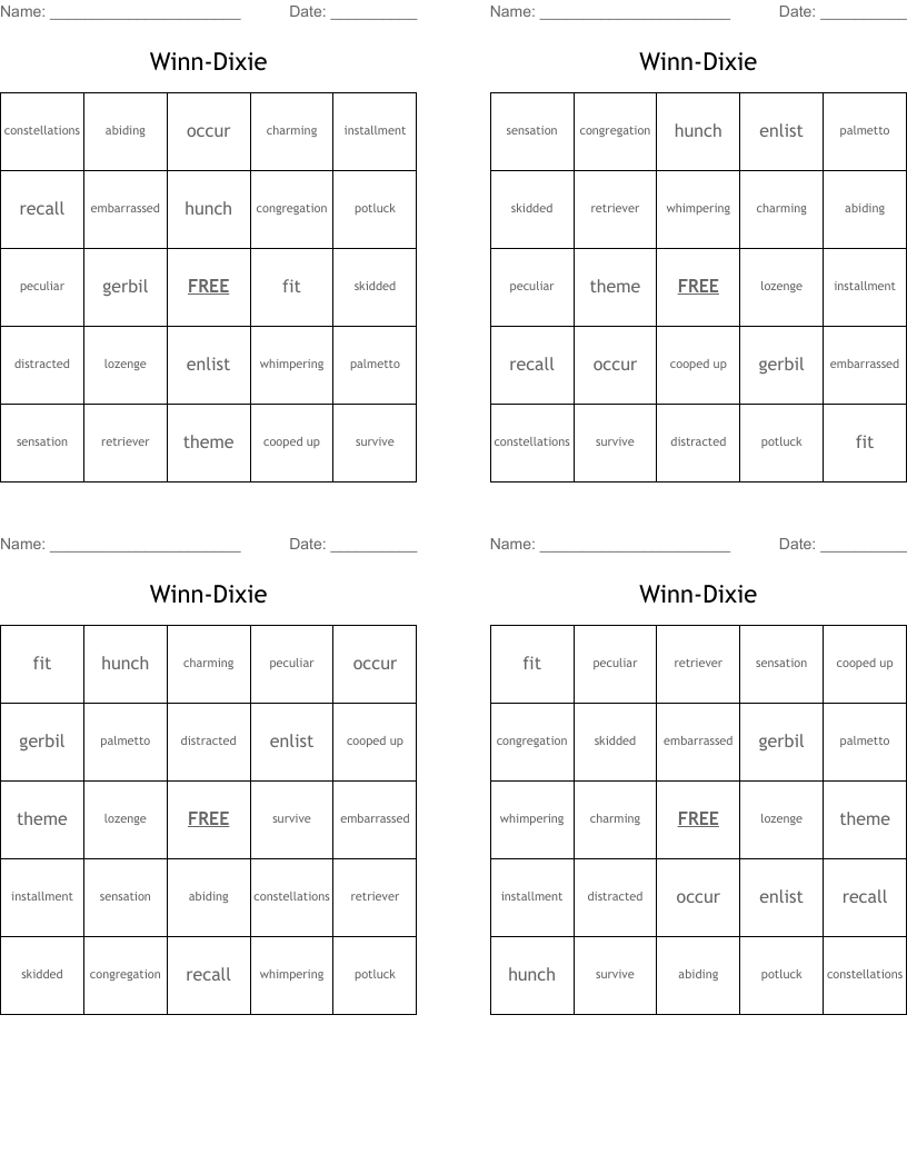 Winn-Dixie Bingo Cards