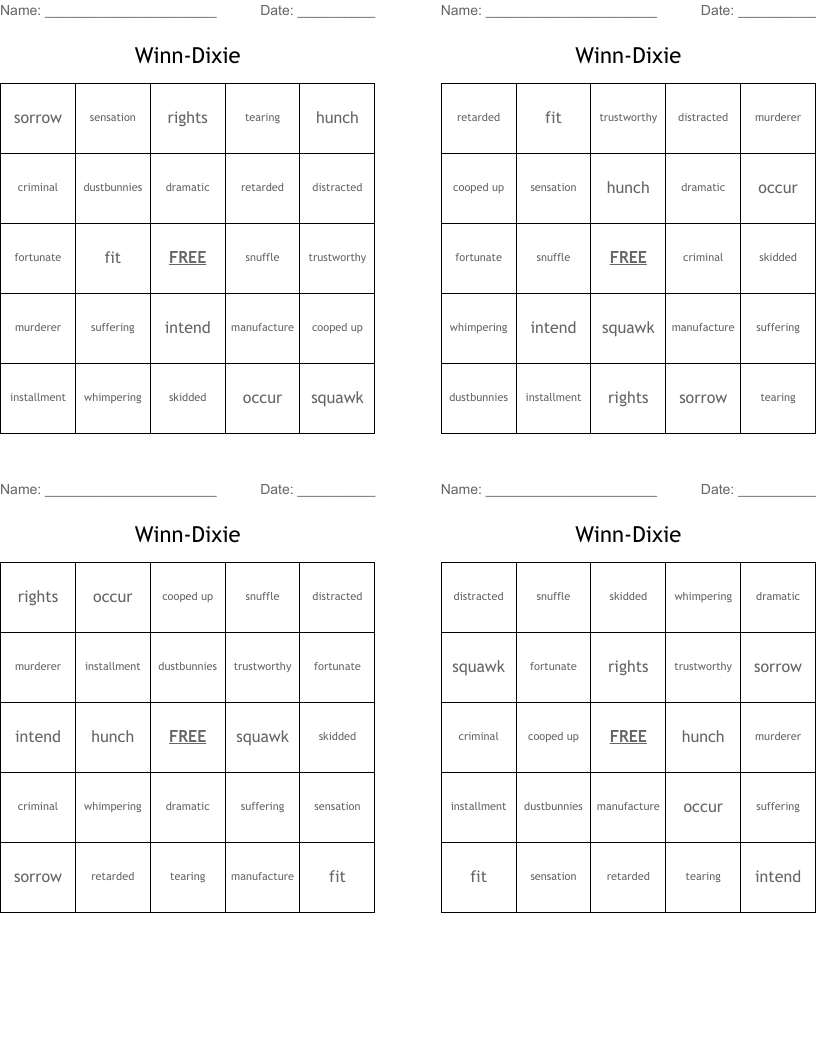 Winn-Dixie Bingo Cards